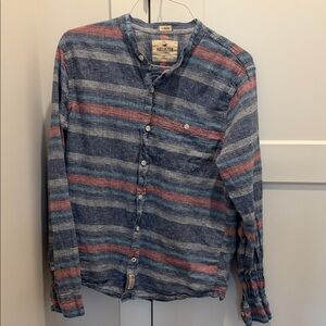 Hollister Men's Casual Blue and Pink Striped Shirt